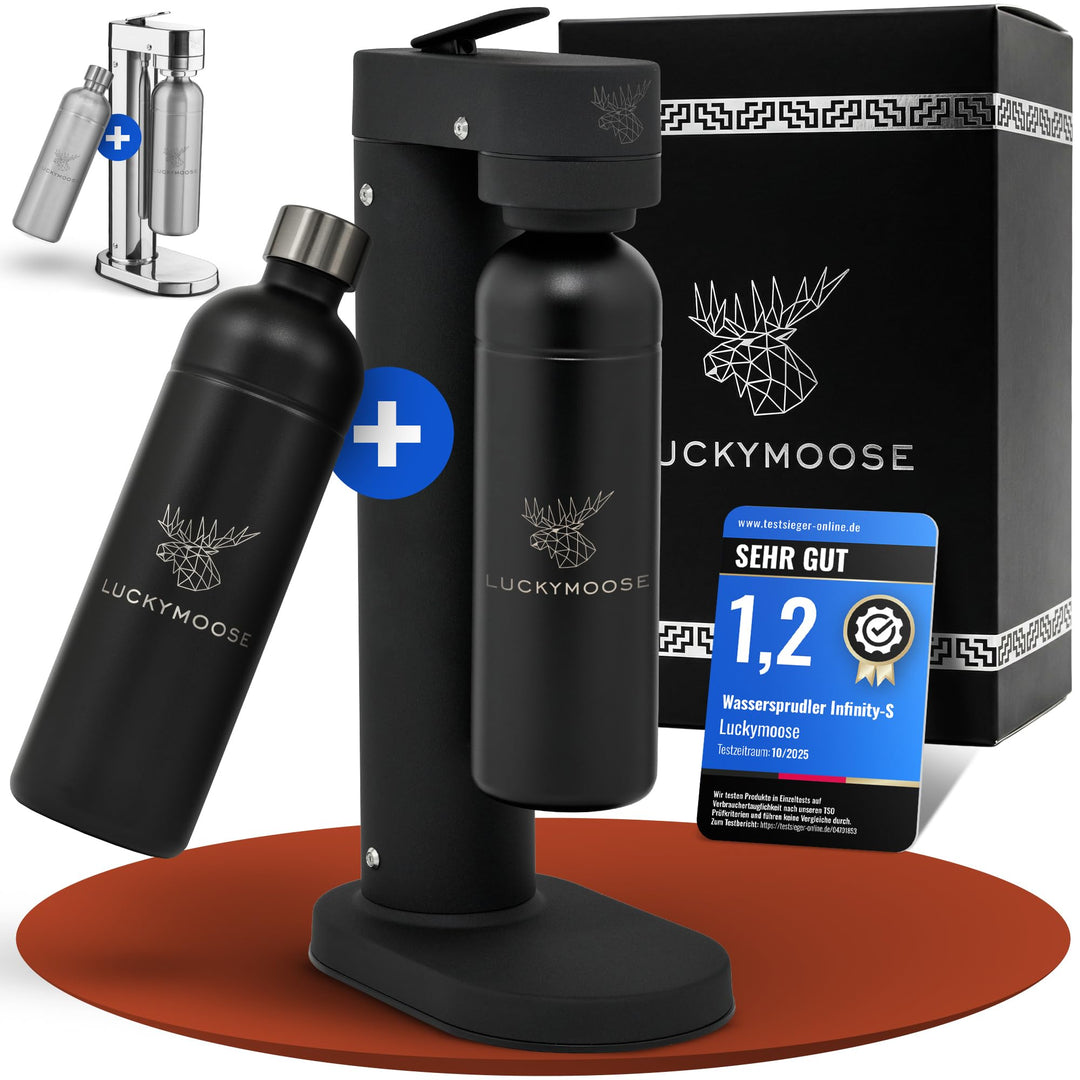 Infinity-S Wassersprudler aus hochwertigem Edelstahl (Black/Black) – inkl. 2x 1,25L Edelstahlflasche