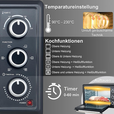OptimumX 20 L Minibackofen, Klein mini Backofen mit Umluft, 60 Min Timer, Pizza-Ofen, 1380 W, Schwar