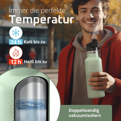 Trinkflasche Edelstahl mit Strohhalm, Infuser + 3 Deckel: BPA-frei, Auslaufsicher, Kohlensäure geeig
