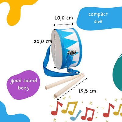 Trommel für Kinder blau-weiss Musikinstrument aus Holz mit Trageriemen und Sticks D: 20 cm- 3845