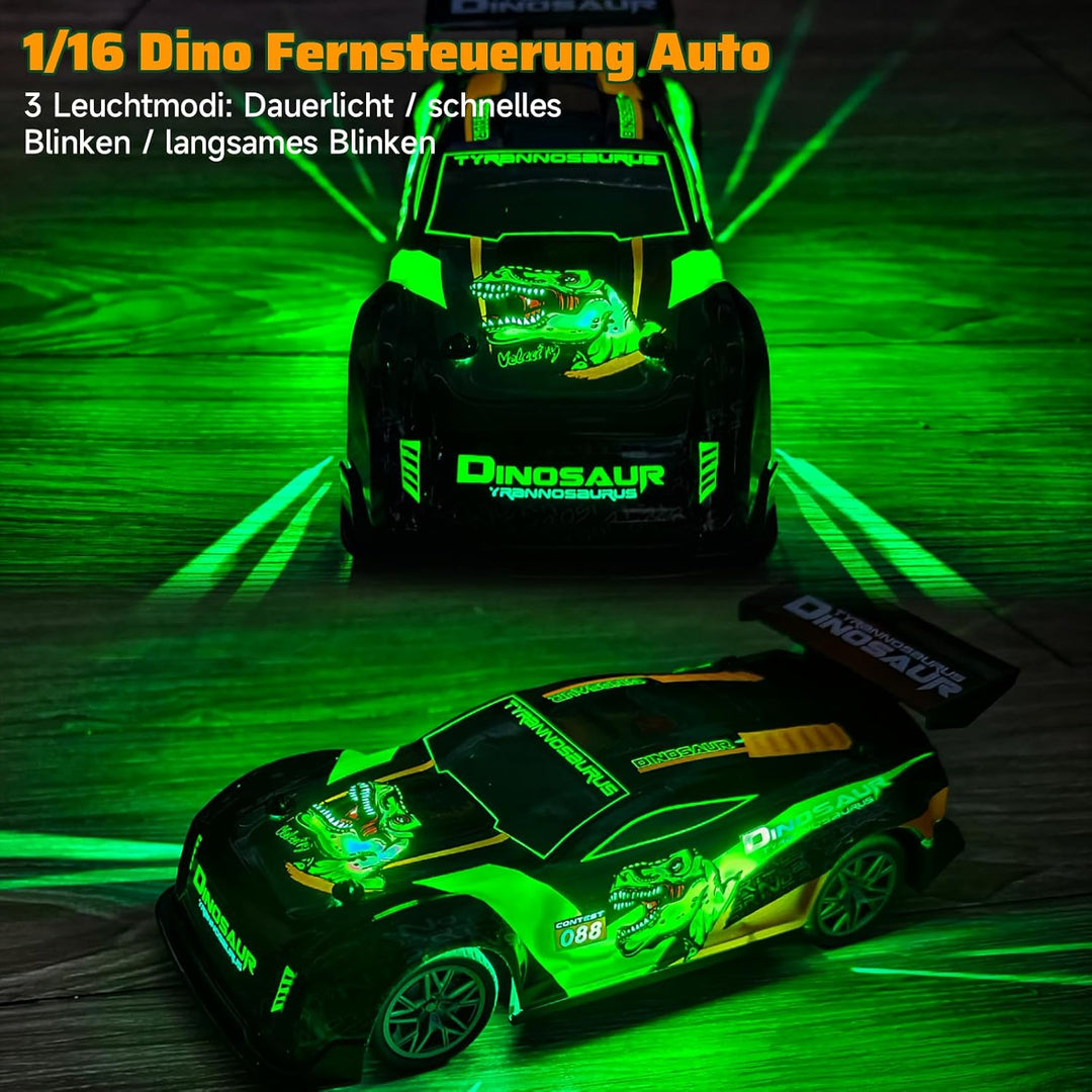 Ferngesteuertes Auto ab 3 4 5 6 Jahre, Dinosaurier Spielzeug mit Licht und Musik, 15KM/H 1/16 Fernge
