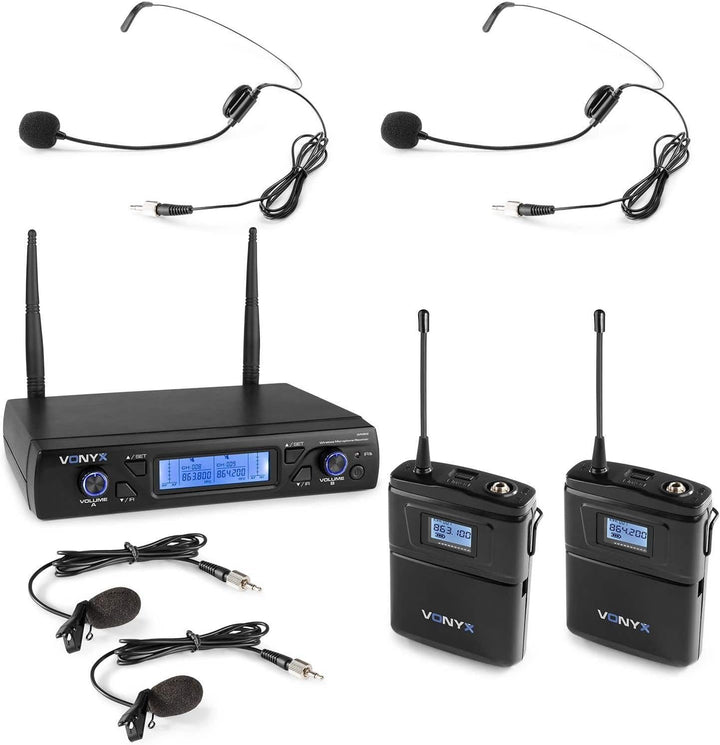 Vonyx WM62 - Mikrofon Set, 2 Drahtlose Mikrofone mit Body Packs Taschensender, Headsetmikrofon und E