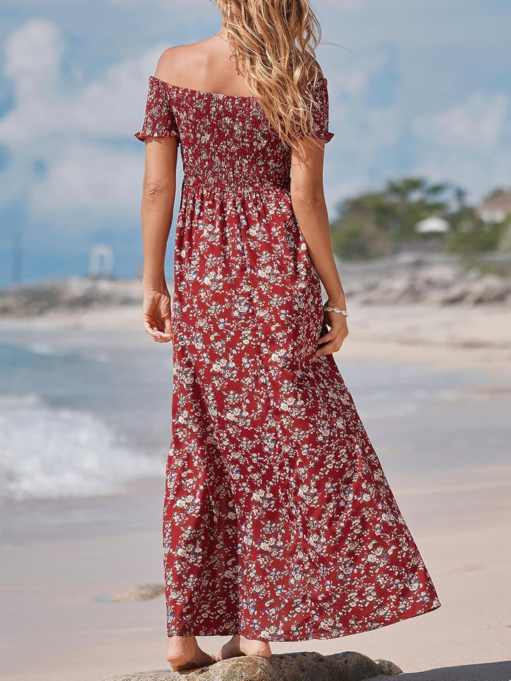 CUPSHE Damen Sommerkleid Schulterfreies Kleid Kurzarm Beinschlitz Blumenmuster Gesmokte Freizeitklei