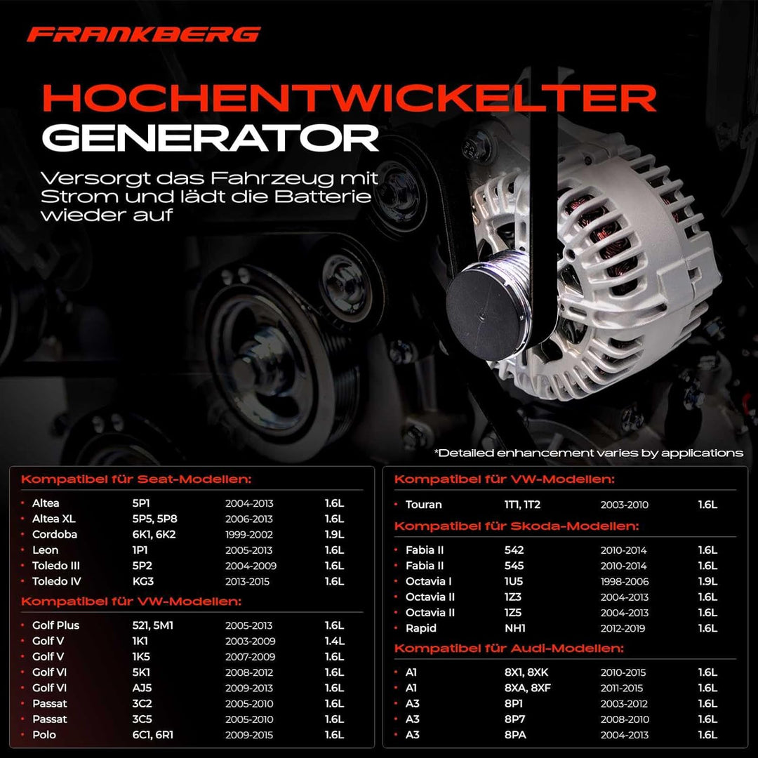 Frankberg Lichtmaschine Generator Kompatibel mit A1 2010-2015 A3 2003-2013 Altea 2004-Heute Leon 200