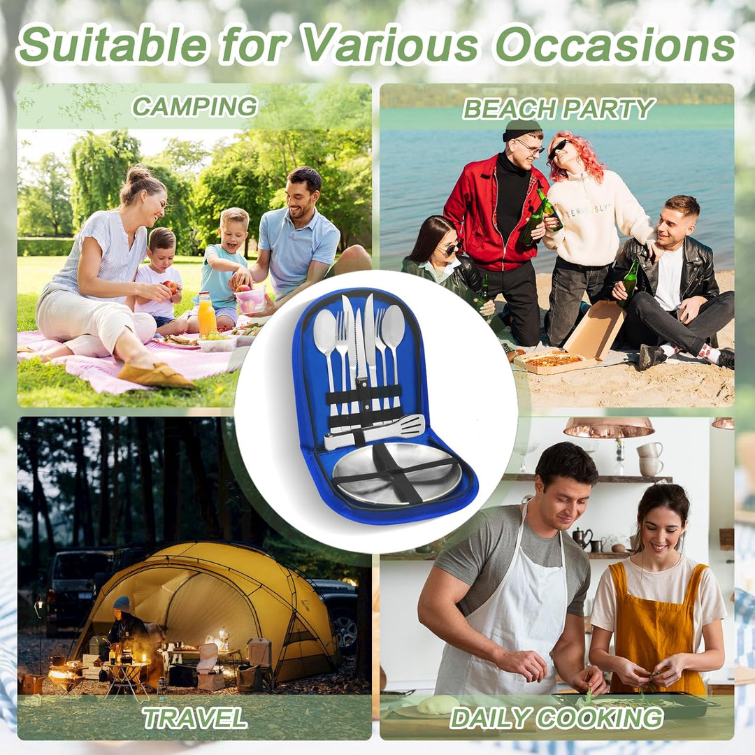 Camping Geschirr 2/4 Personen, 11/21PCS Camping Zubehör Camping Besteck Set Edelstahl Picknick Zubeh