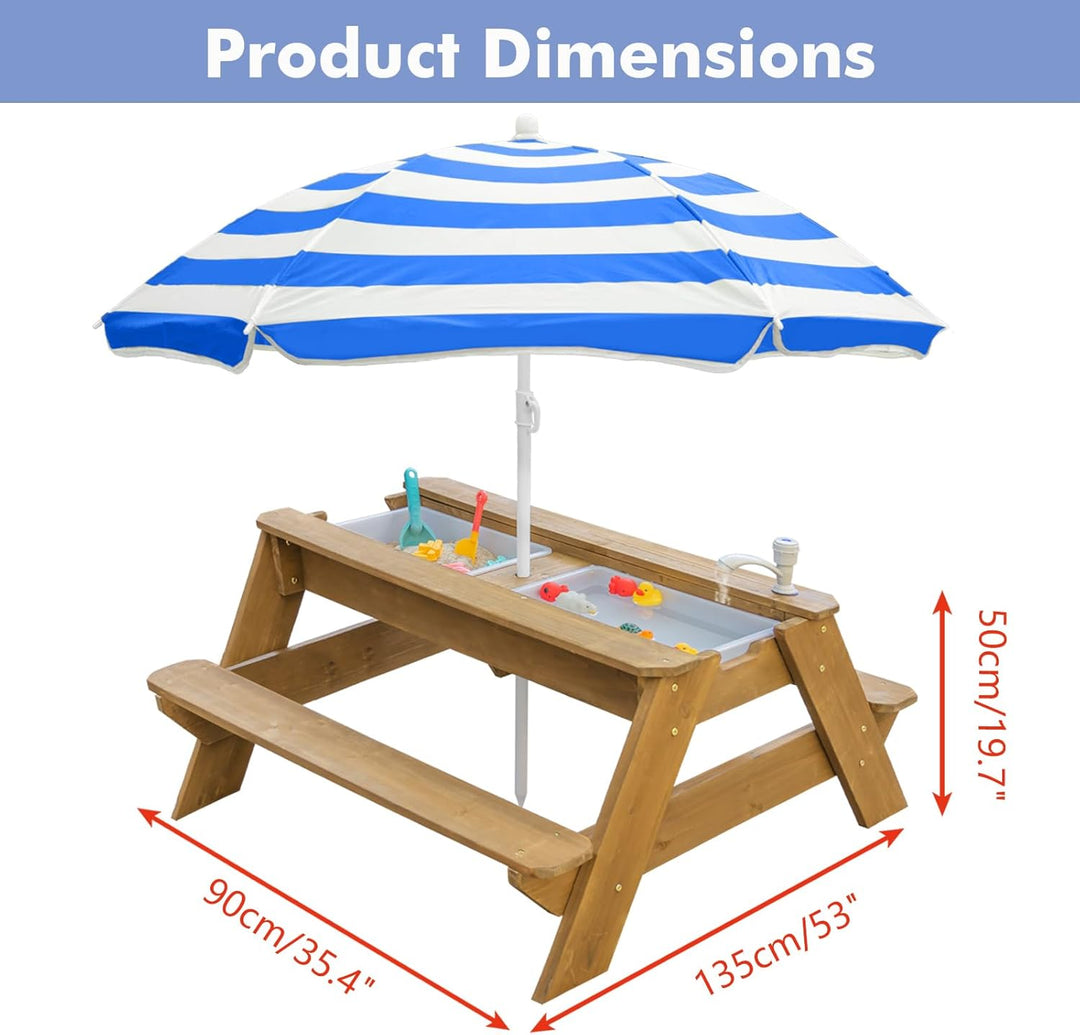 Kids 3-in-1 Sand- und Wasser-Aktivitätstisch, Holz, Outdoor, wandelbarer Picknicktisch mit Regenschi