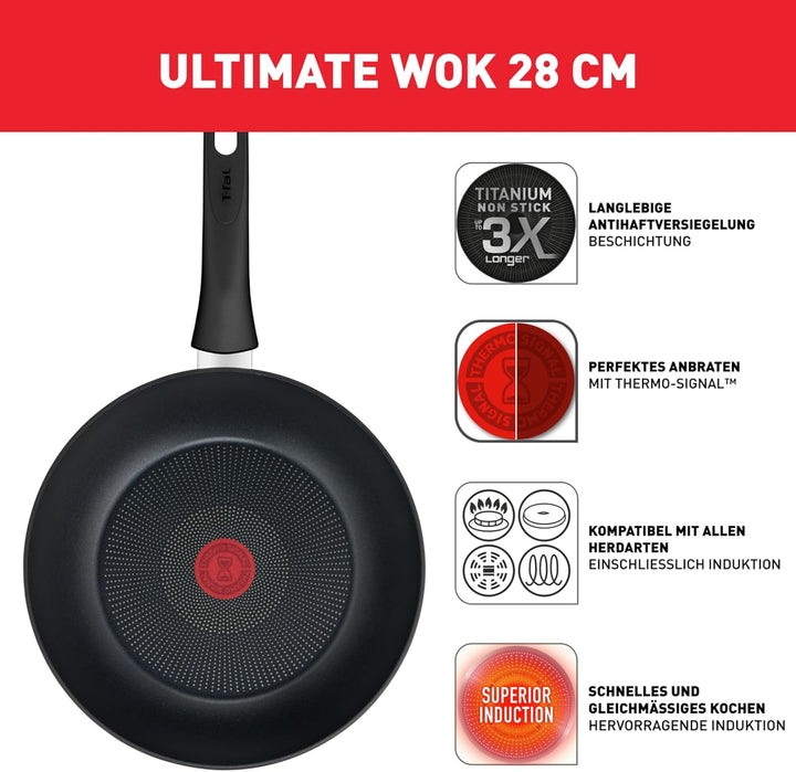 Tefal G26019 Ultimate On Wokpfanne 28CM | Antihaftversiegelung mit Titanpartikel-Verstärkung | Therm
