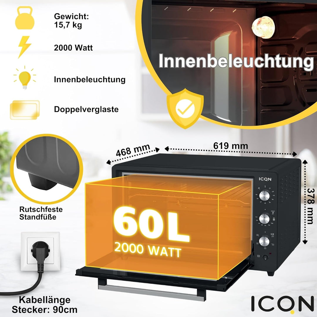 ICQN 60 Liter XXL Minibackofen, 1800 W, Umluft, Pizza-Ofen, Doppelverglasung, Drehspiess, Timer, ink