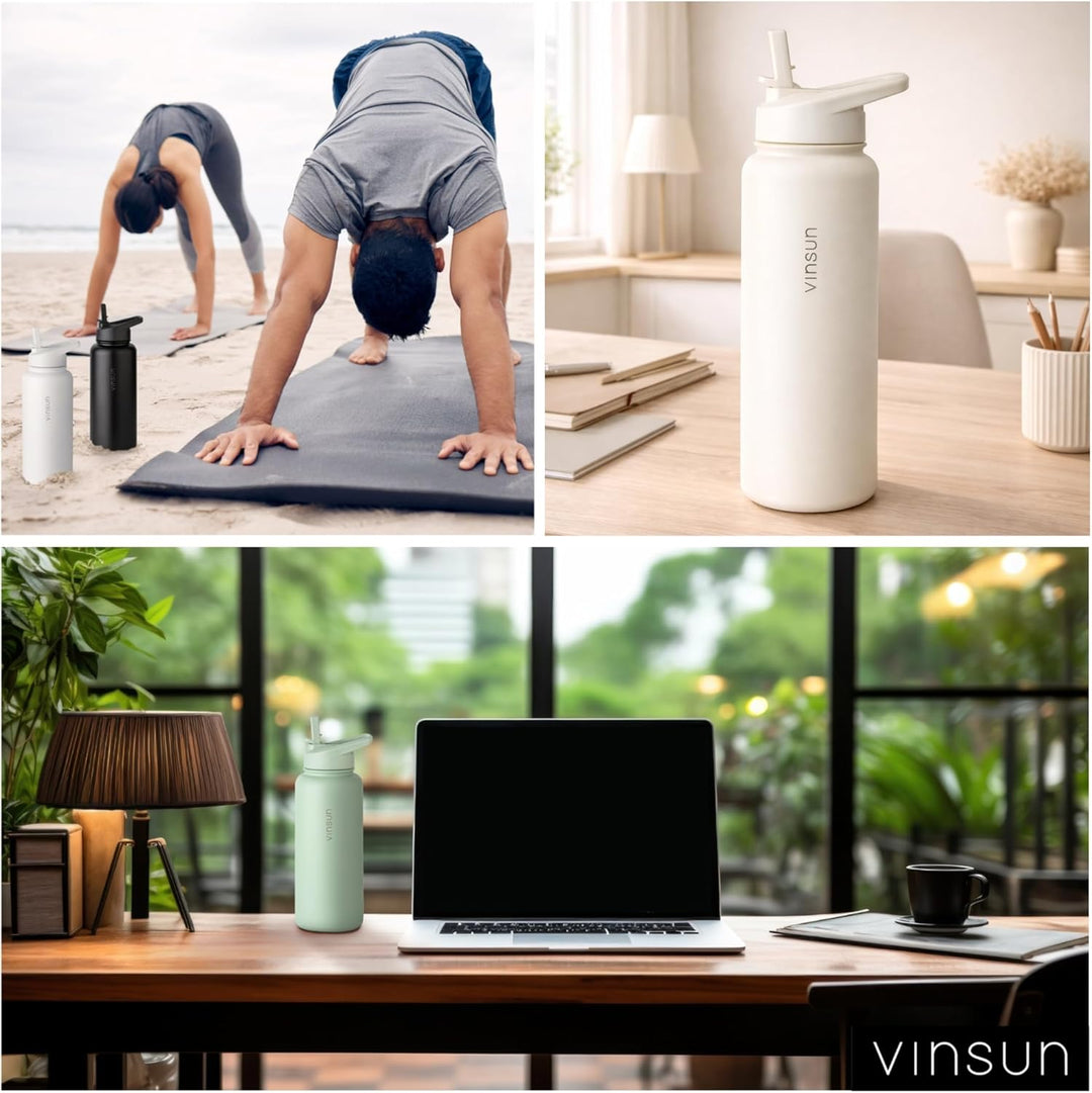 Vinsun Trinkflasche Edelstahl creme 750ml - auslaufsicher, Kohlensäure geeignet, BPA frei - Strohhal