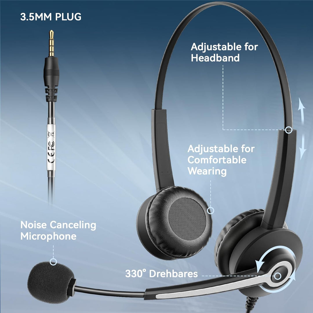 Wantek 3,5mm PC Headset mit Mikrofon Noise Cancelling, Telefon Headset, Kopfhörer Handy Klinke für L