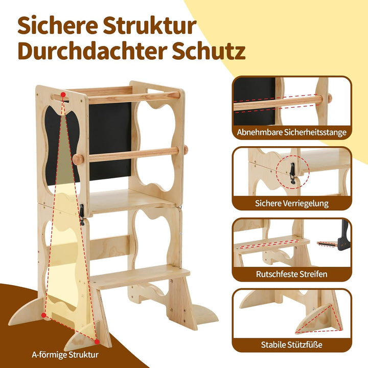 COSYLAND Montessori Lernturm Kinder ab 1 Jahr, klappbarer Lernturm 3 in 1 mit Tafel, Learning Tower