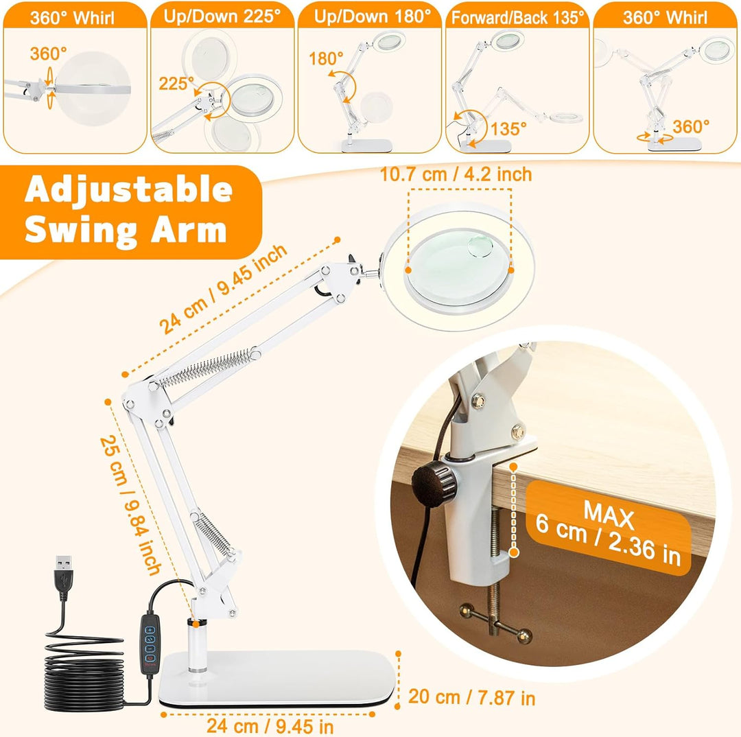 2-in-1 Lupe mit Licht und Ständer, Jubor 15X 10X LED Lupenleuchte mit Klemme und Basis, Schreibtisch