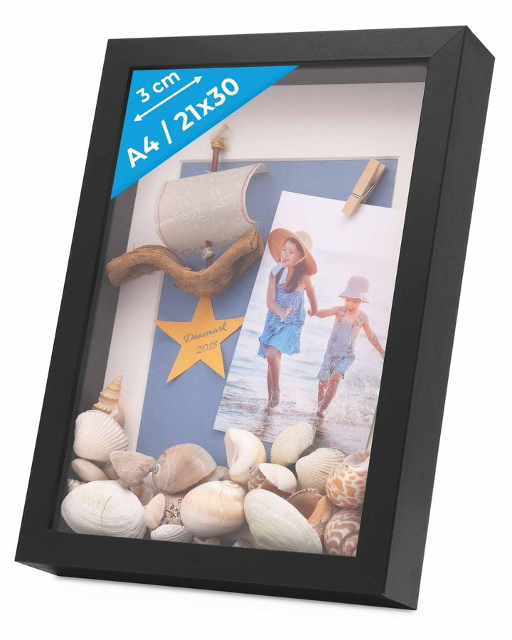 PHOTOLINI 3D Bilderrahmen zum Befüllen 21x30 A4 Schwarz, 3 cm tiefer Objektrahmen mit Glas, tiefer B