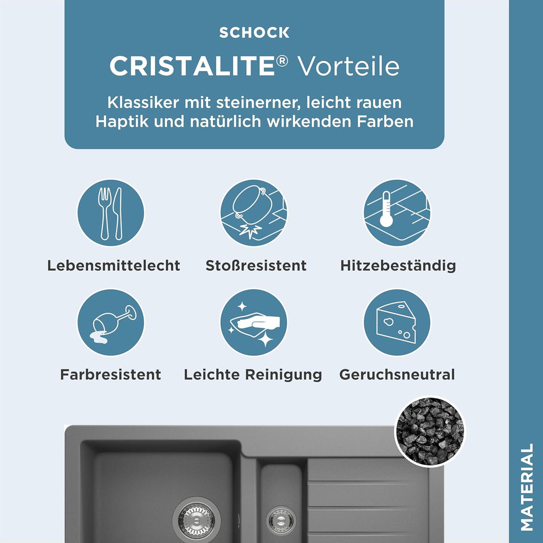 SCHOCK Küchenspüle 86 x 43,5 cm Typos D-150S Croma - CRISTALITE Granitspüle mit 1 ½ Becken ab 60 cm