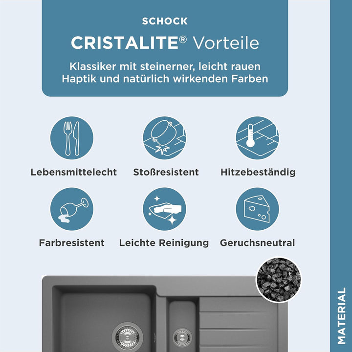 SCHOCK Küchenspüle 86 x 43,5 cm Typos D-150S Croma - CRISTALITE Granitspüle mit 1 ½ Becken ab 60 cm