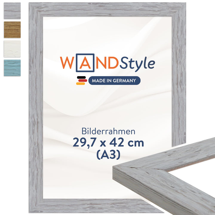 WANDStyle Bilderrahmen Strandhaus Stil 30x42cm DIN A3 I Farbe: Grau I Fotorahmen I rustikaler Holzbi