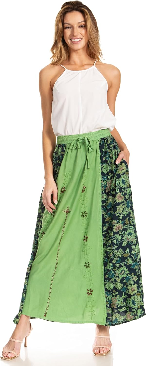 Sakkas Maran Frauen Boho Stickerei Rock mit elastischer Taille und Taschen Einheitsgrösse Salbeigrün