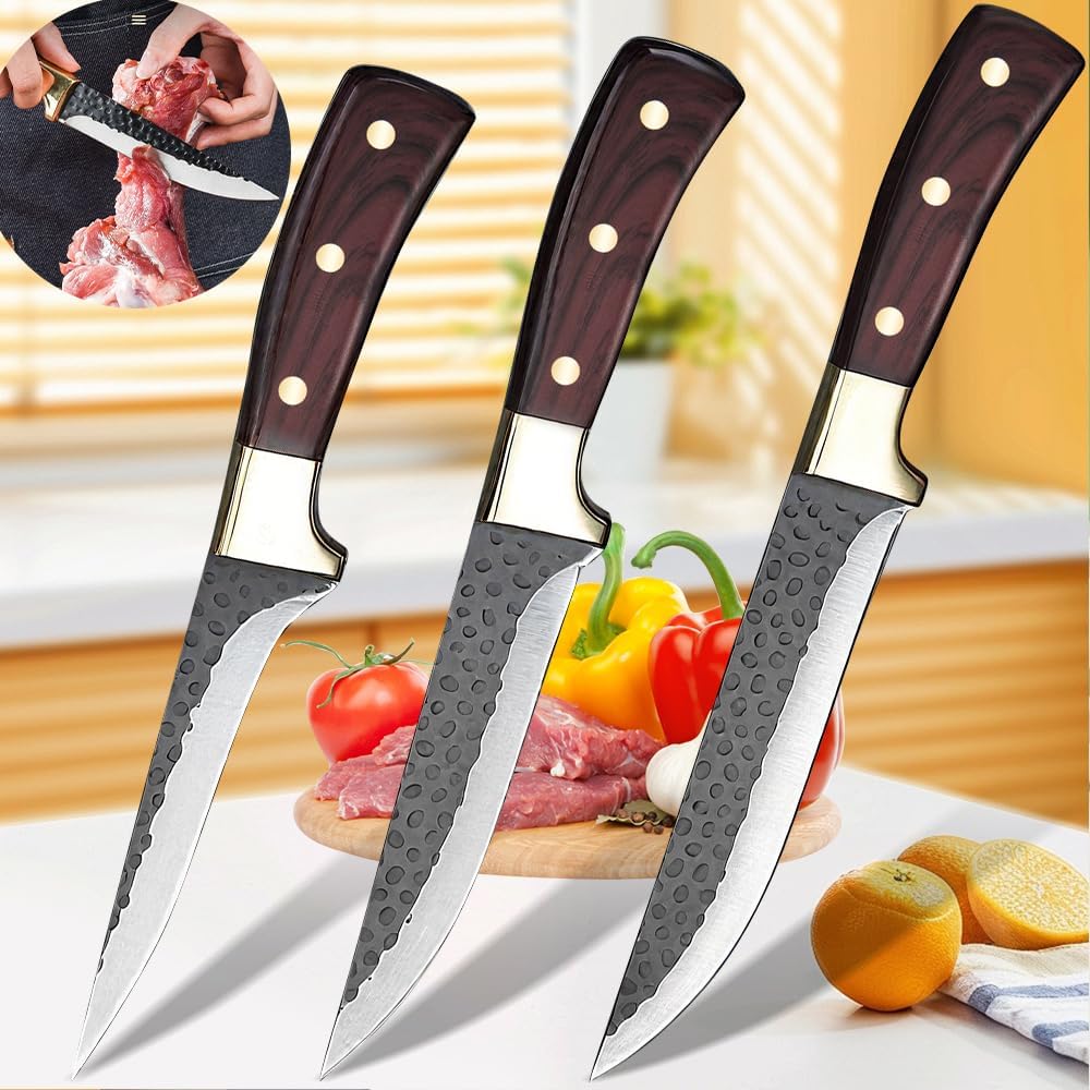KEPEAK Profi Schlachtermesser 3-Teilig Metzgermesser Set-Filetiermesser &amp; Hackmesser &amp; Schälmesser e