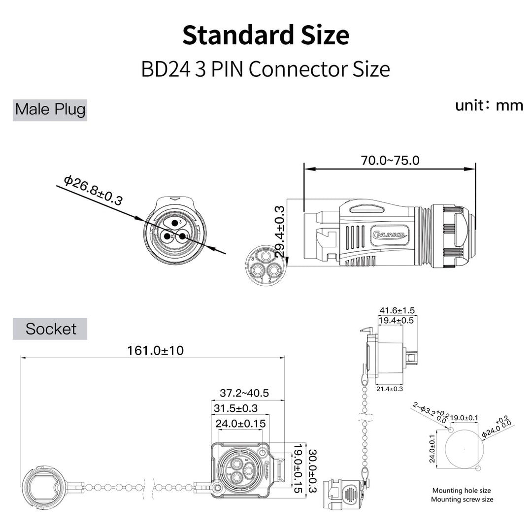 CNLINKO BD-24 Industrieller Wasserdichter Steckverbinder IP67 Rundsteckverbinder Eingebaute Buchse L