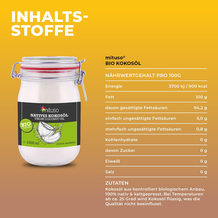 mituso Bio Kokosöl, nativ, 2er Pack (2 x 1000 ml) im Bügelglas