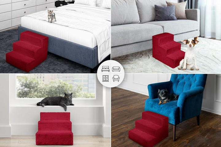 Mg Design Hundetreppe 3 Stufen in Rot – Stabiler Holzrahmen, gelenkschonend, leicht & mobil, für Sof