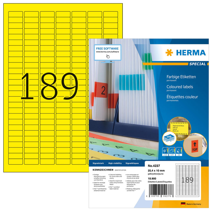 HERMA 4237 Farbige Etiketten gelb, 100 Blatt, 25,4 x 10 mm, 189 Stück pro A4 Bogen, 18900 Aufkleber,