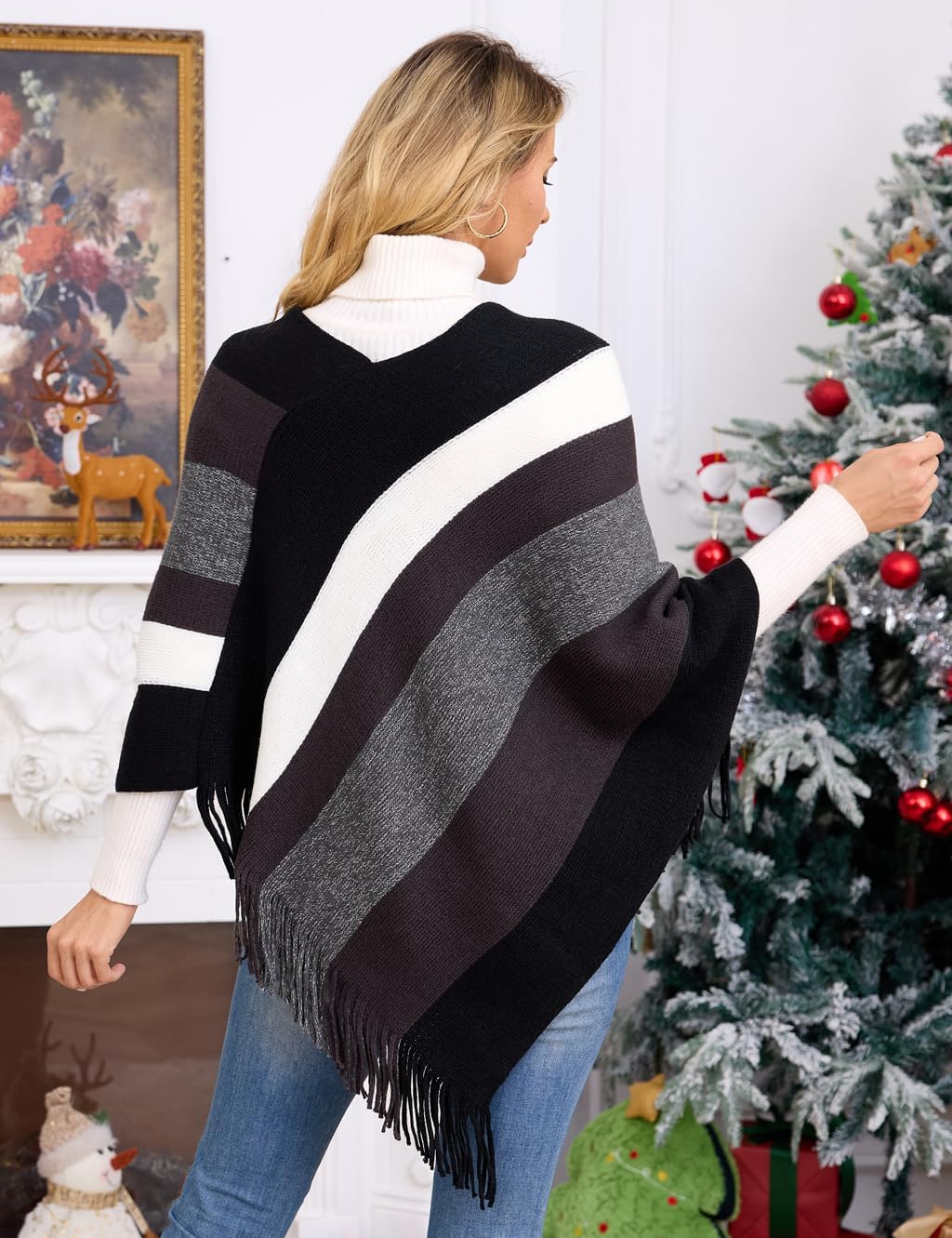 Ferand Damen Gestreifter Poncho Pullover Vielseitiger Schal zum Wickeln mit Fransen für Herbst und W