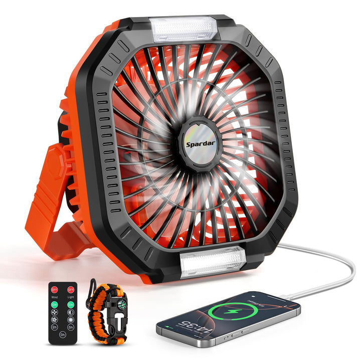 Camping Ventilator, 10000 mAh Ventilator USB-Tischventilator mit Licht, Haken und Paracord-Armband,