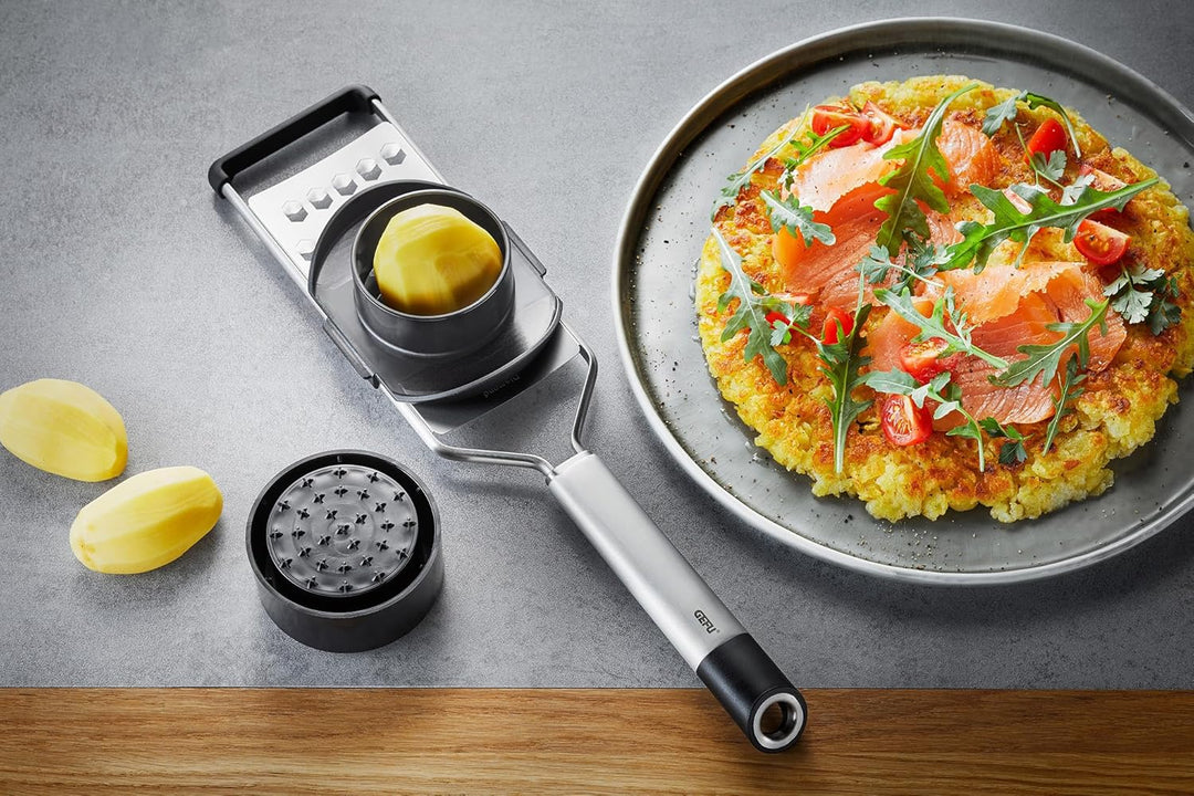 GEFU Gemüse- und Kartoffelhobel PRIMELINE mit Restehalter - Küchen-Hobel aus Edelstahl für perfekte