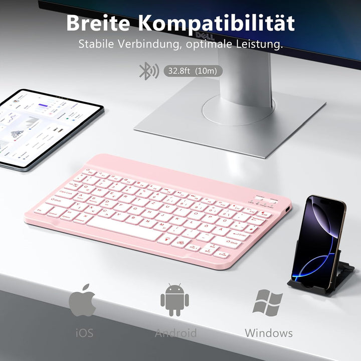 Vobafe Bluetooth Tastatur mit Telefonhalter für iPad Air/Pro/Mini/A16/11/10.9/10.2/iPhone, Kabellose