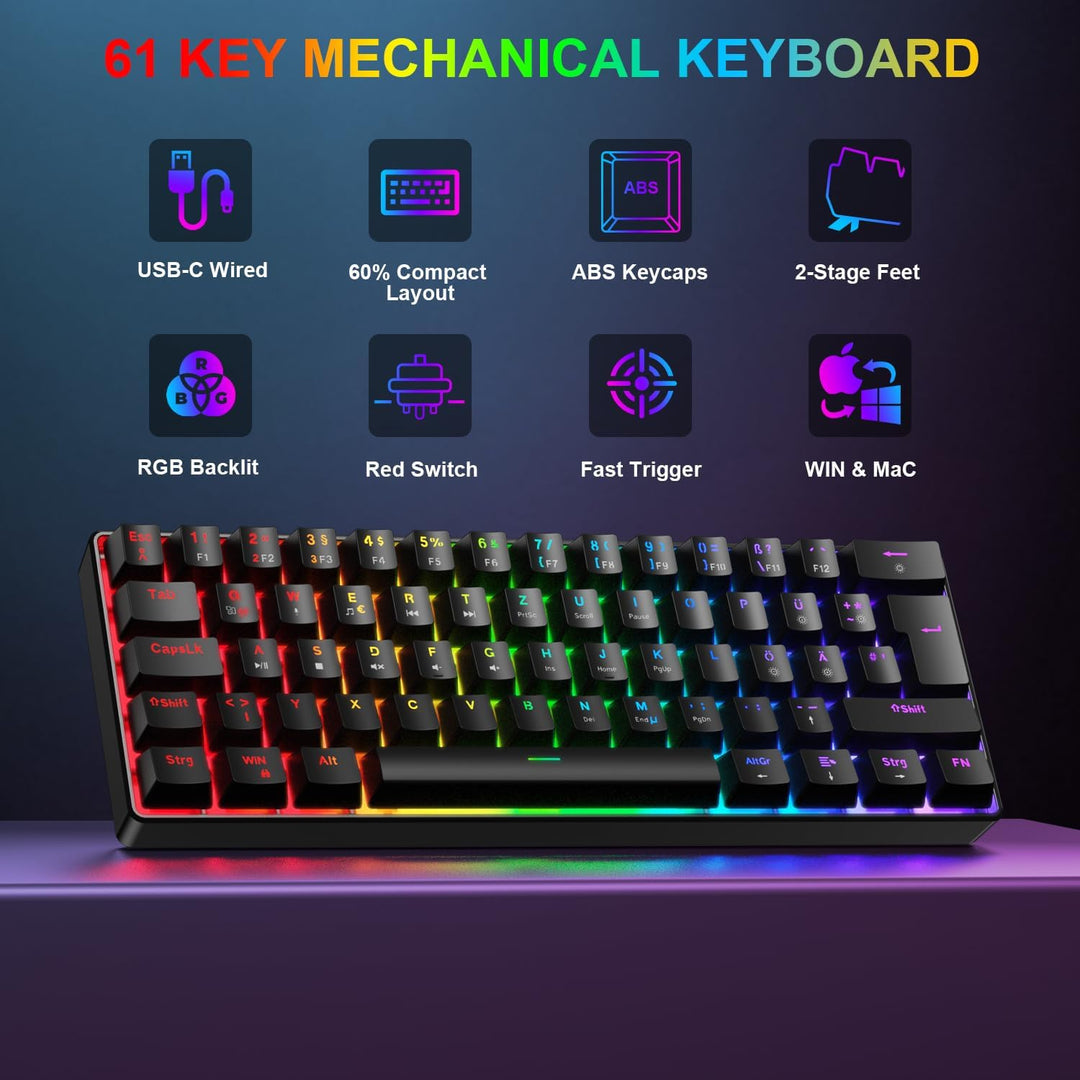 Gaming Tastatur und Maus Set, 60% QWERTZ Layout Mini Mechanische Tastatur mit RGB Beleuchtete, Red S