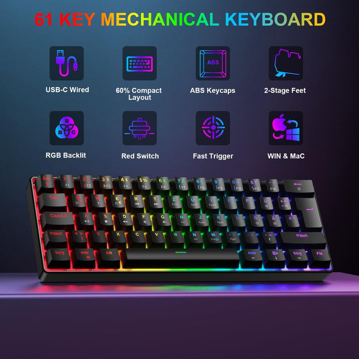 Gaming Tastatur und Maus Set, 60% QWERTZ Layout Mini Mechanische Tastatur mit RGB Beleuchtete, Red S