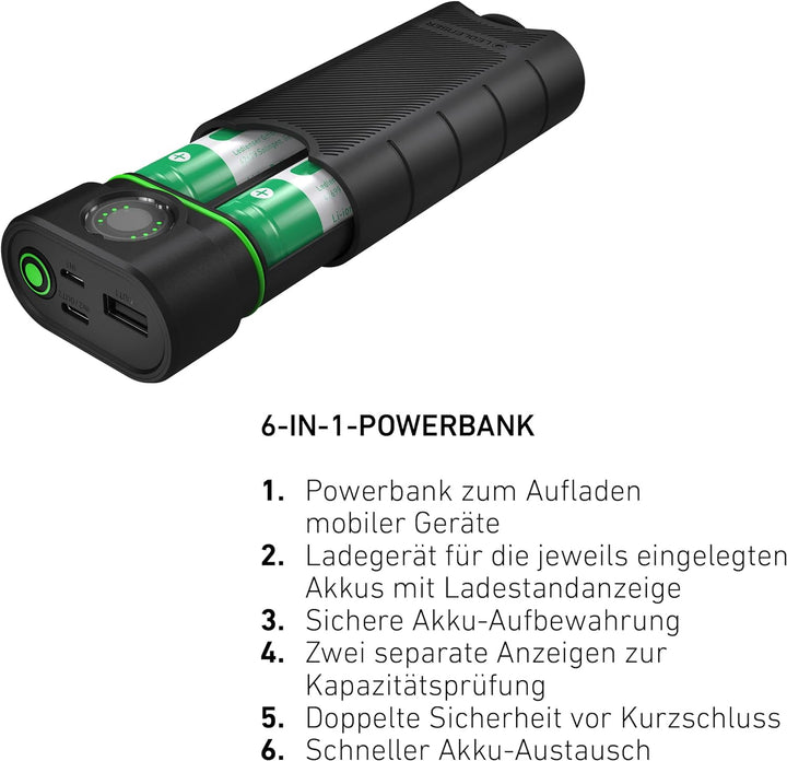 Ledlenser Flex10 Outdoor USB-C Powerbank Ladegerät, 2 entnehmbare Lithium Akkus Typ 21700, kurze Lad