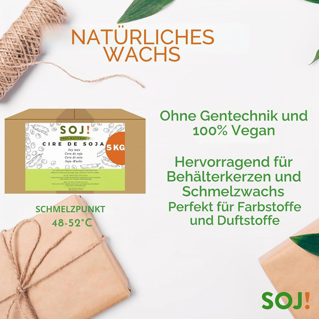 Soj - Sojawachs 5 kg für Kerzen ohne Gentechnik, 100 % natürlich, E-Book + 50 Dochte gratis dazu! He