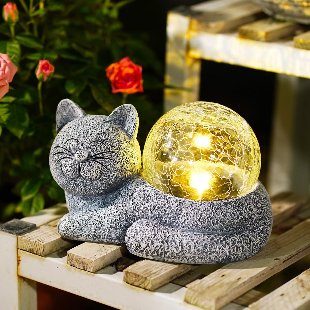 Yeomoo Solar Katzen Deko mit Solarlampen Gartendeko - Lustige Liegende Katzenfigur Wetterfeste Garte