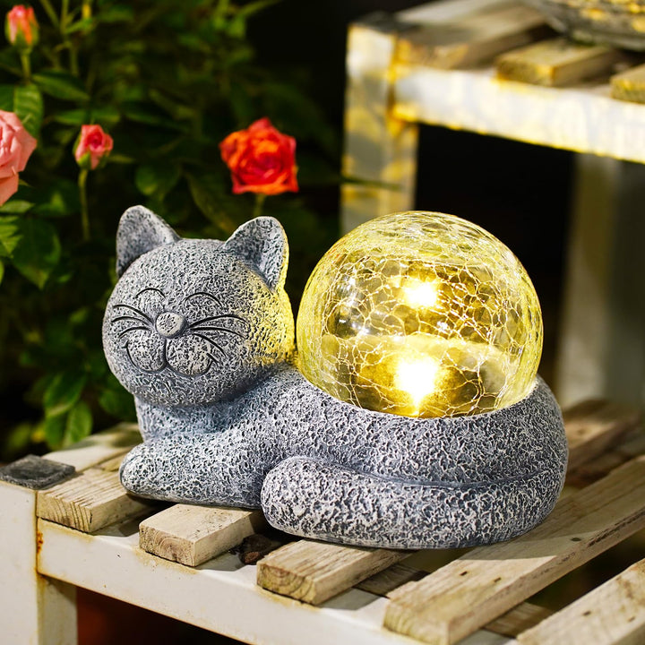 Yeomoo Solar Katzen Deko mit Solarlampen Gartendeko - Lustige Liegende Katzenfigur Wetterfeste Garte