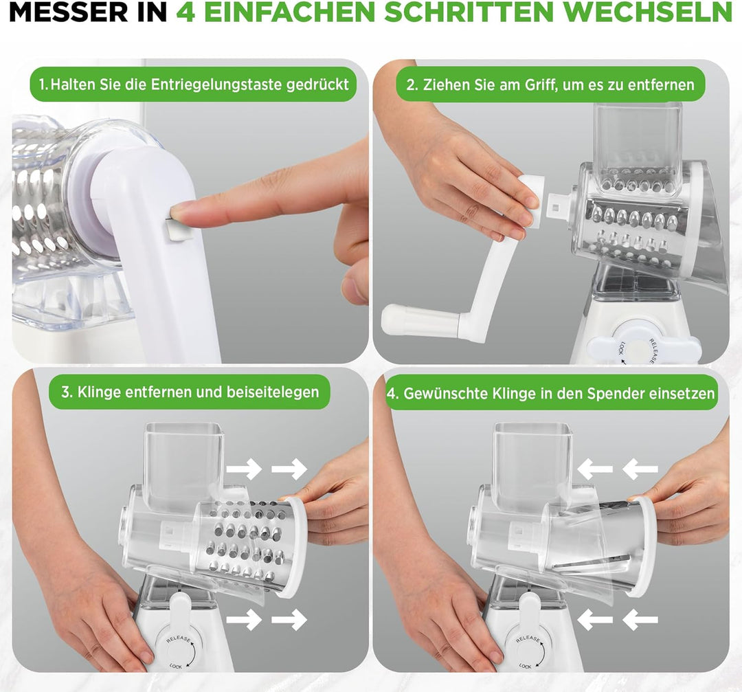 NutriChef 3-in-1 Trommelreibe - mit Kurbel – Gemüsereibe & drehbare Käsereibe – 3 Trommeln für Fein,