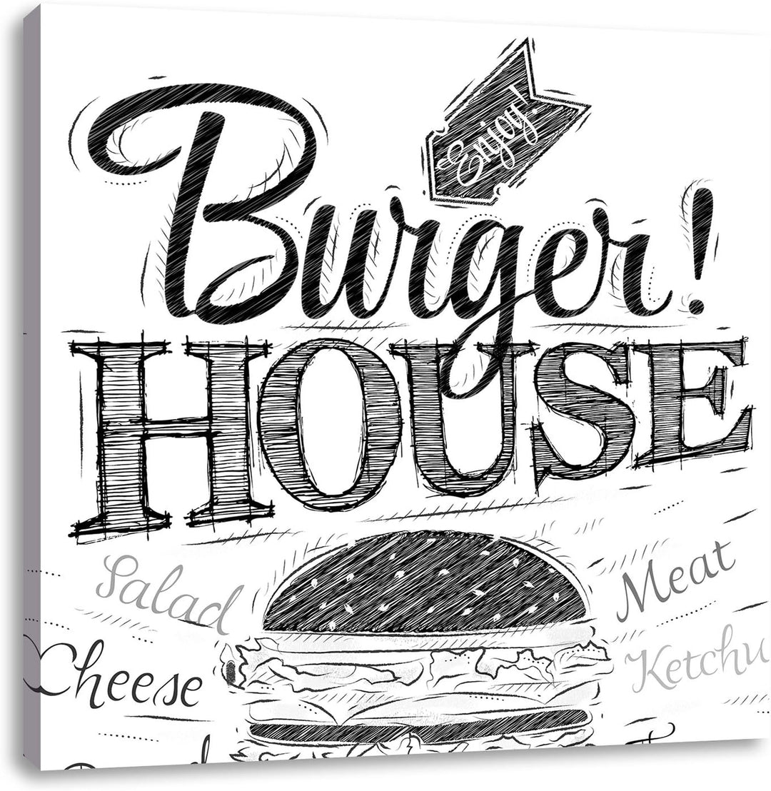 Burger House Schwarz/Weiss, Format: 70x70 auf Leinwand, XXL riesige Bilder fertig gerahmt mit Keilra