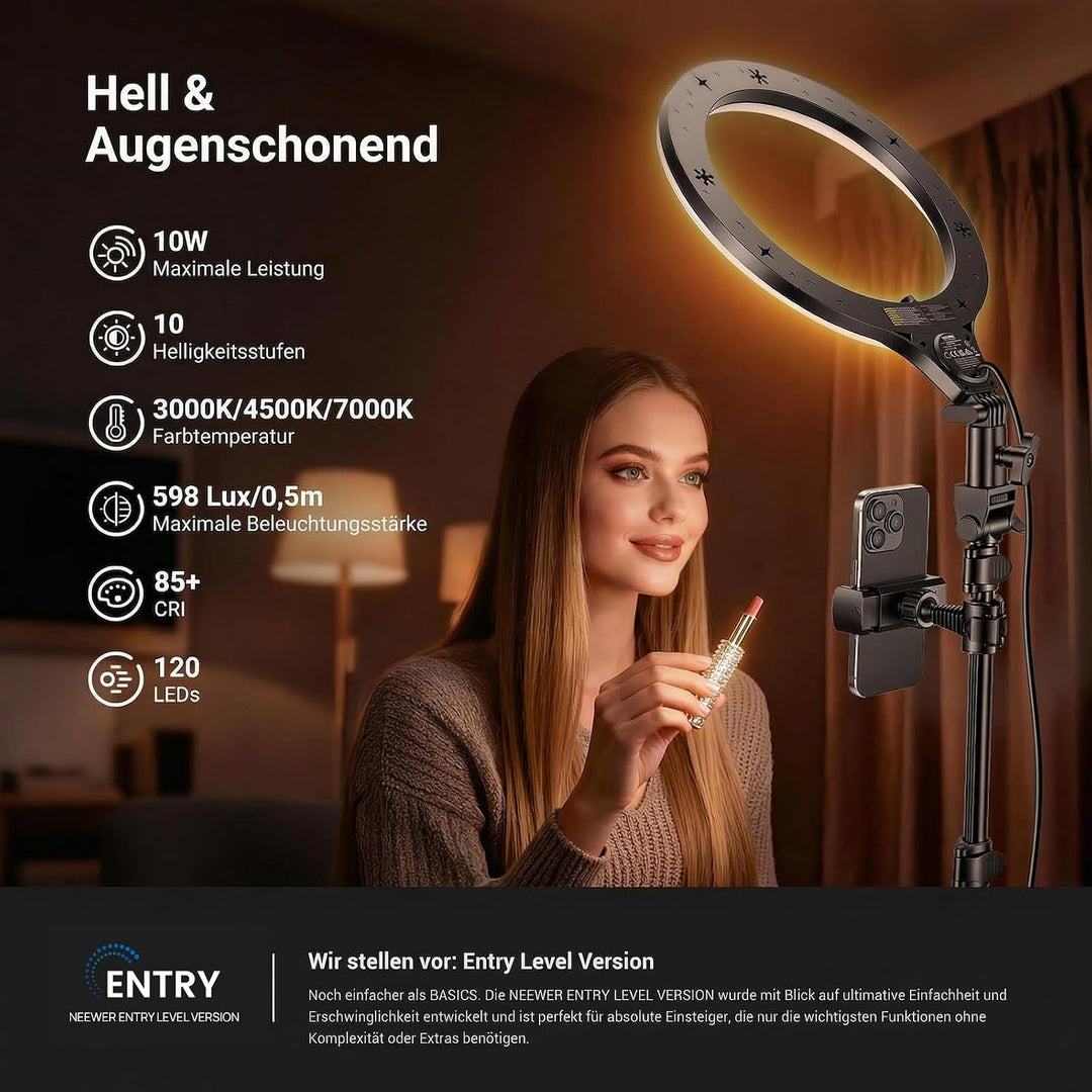 NEEWER Entry Level Version 10,5" 10W Ring Light mit 66" Stativständer, Überkopf Handyhalterung Kompa