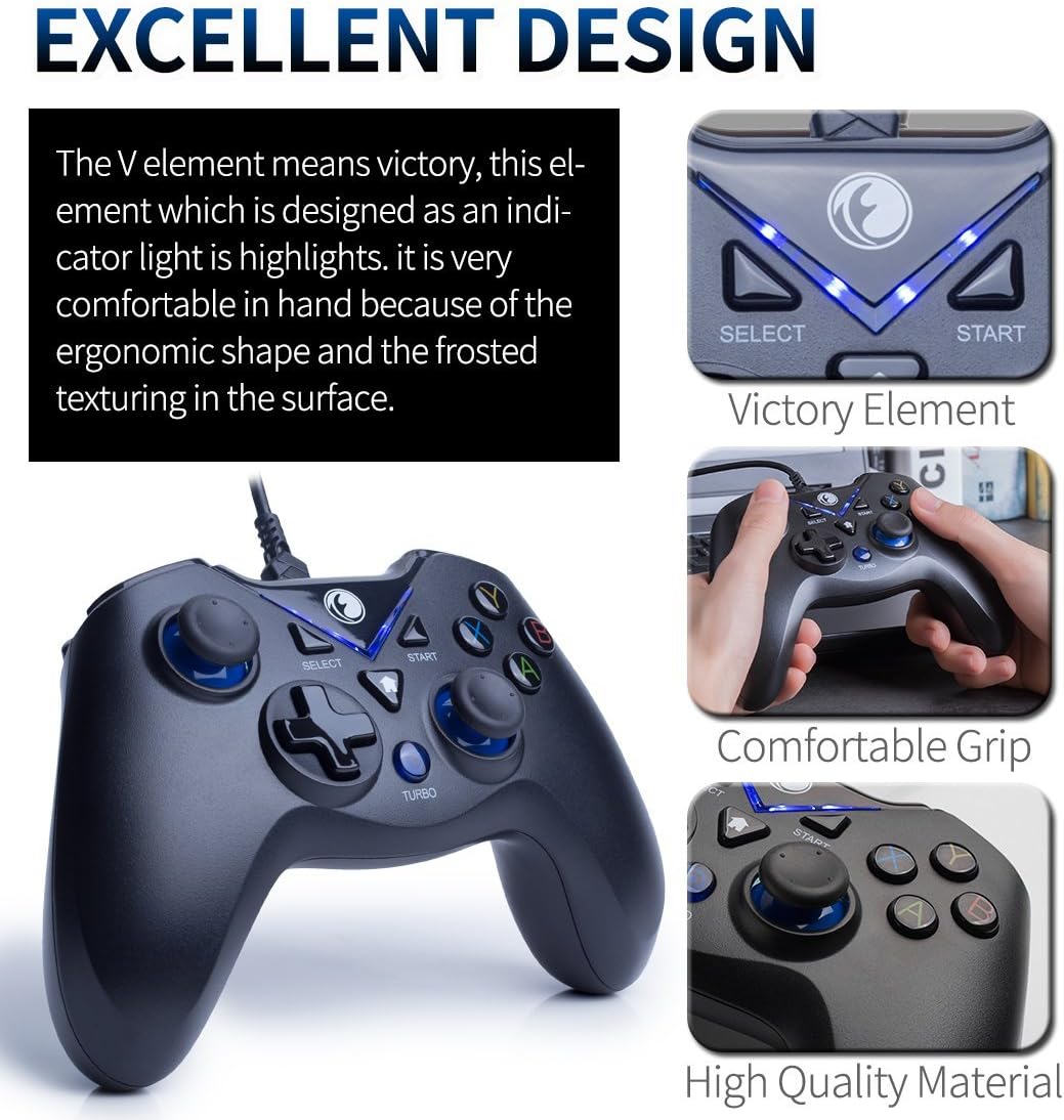 V-ONE Videospiel-Controller mit USB-Kabel für PC (Windows XP/7/8/10), Playstation 3 und Android blau