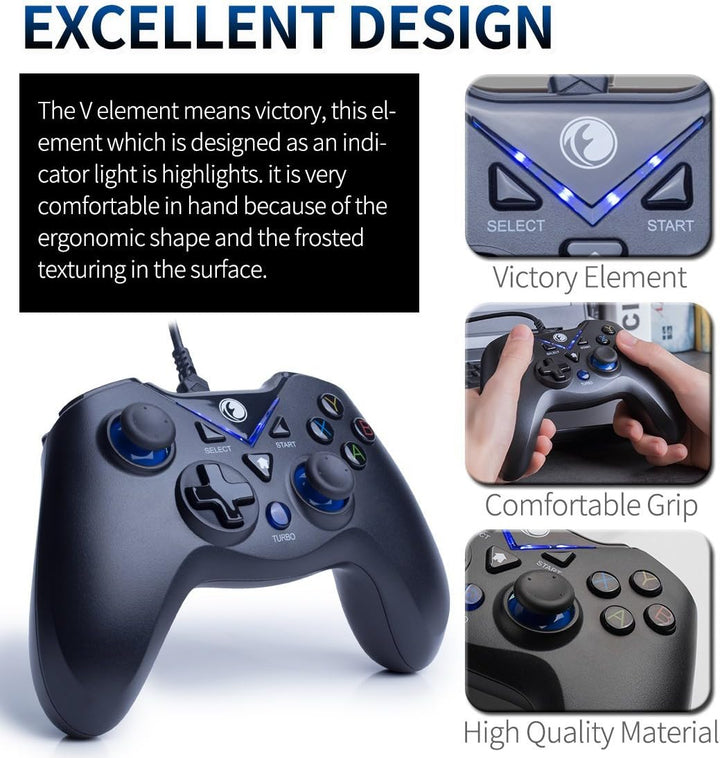 V-ONE Videospiel-Controller mit USB-Kabel für PC (Windows XP/7/8/10), Playstation 3 und Android blau