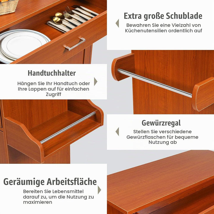KOMFOTTEU Küchenwagen Servierwagen mit Arbeitsplatte, Küchenschrank Holz mit Rollen, Kücheninsel küc