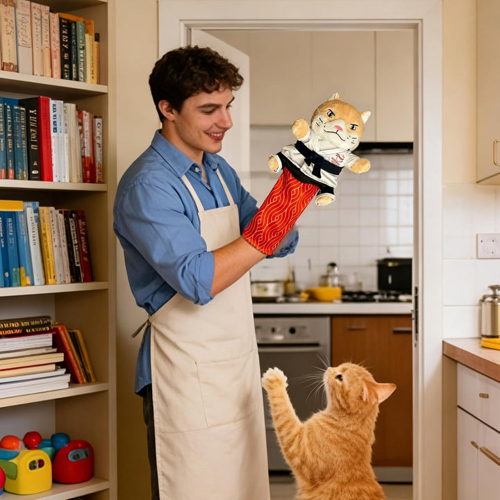 Handpuppe für Katzen mit Unterarmschutz, bewegliche Gliedmassen, 53 cm | Plüsch-Tierpuppe, weich und