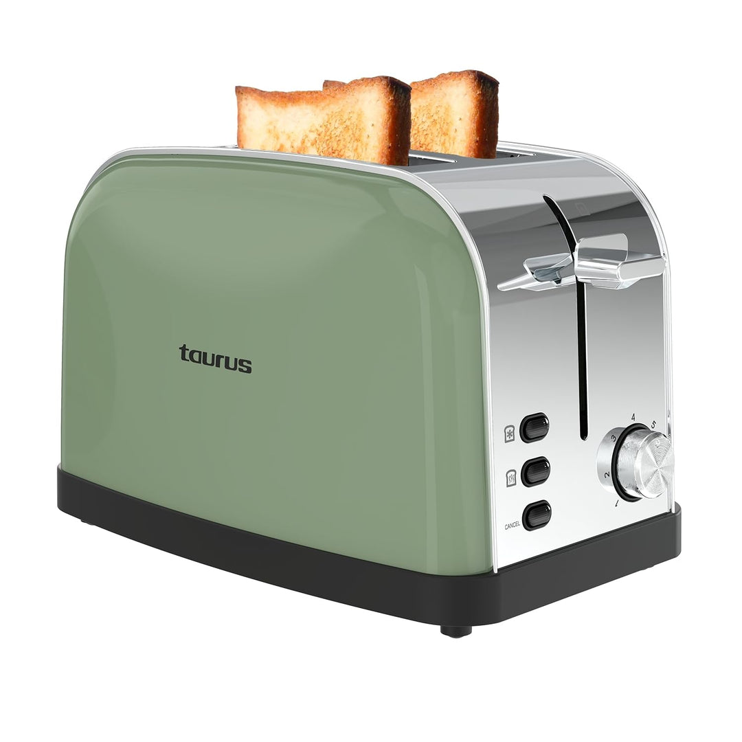 Taurus – Toaster Vintage II Olive, 950W, 2 kurze Schlitze, 7 Stufen, 3 Funktionen, Edelstahl, Zentri
