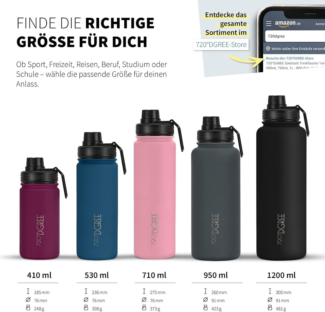 720°DGREE Edelstahl Trinkflasche “noLimit” – 1200ml - Auslaufsicher, Kohlensäure geeignet, BPA-Frei