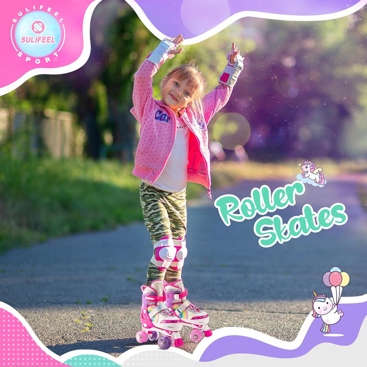 SULIFEEL Rainbow Unicorn Verstellbare Rollschuhe für Kinder mit Leuchtenden Rädern für Mädchen und J