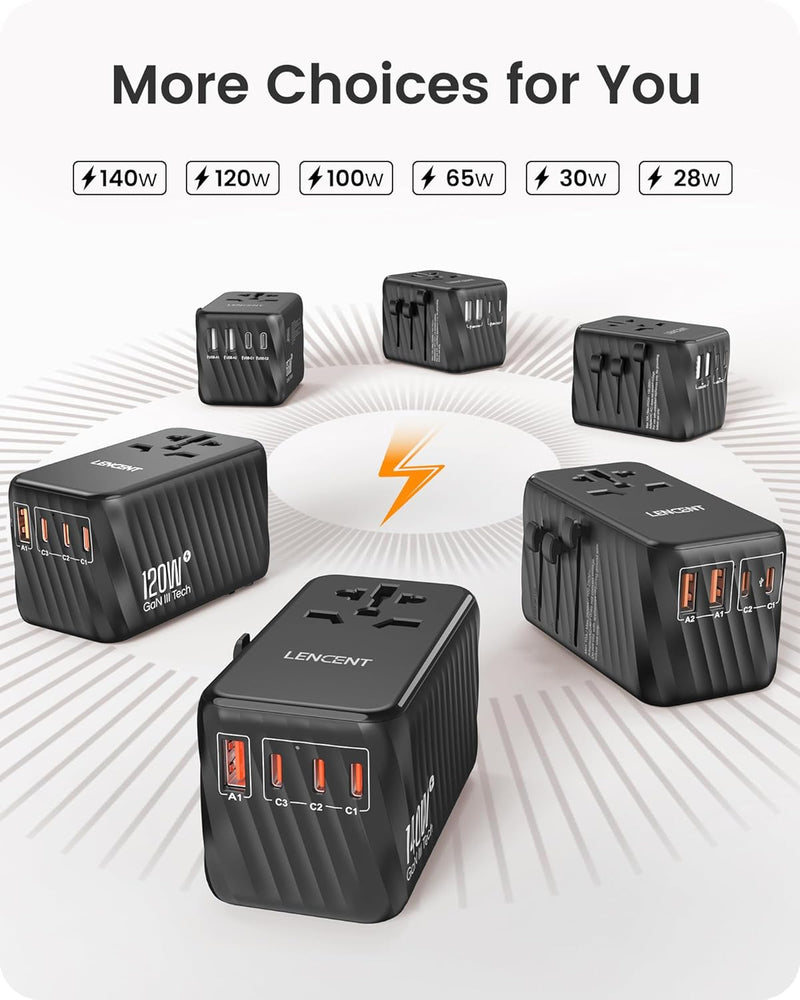 LENCENT Internationaler Reiseadapter, 65W GaN3 Universeller Adapter mit 2 USB A+3 Typ C PD, Weltweit