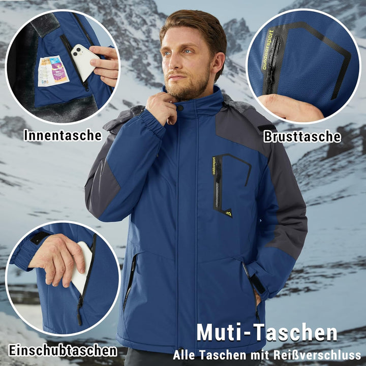 KEFITEVD Herren Skijacke Atmungsaktiv Warm Gefüttert Winterjacke mit Abnehmbarer Kapuze Snowboardjac