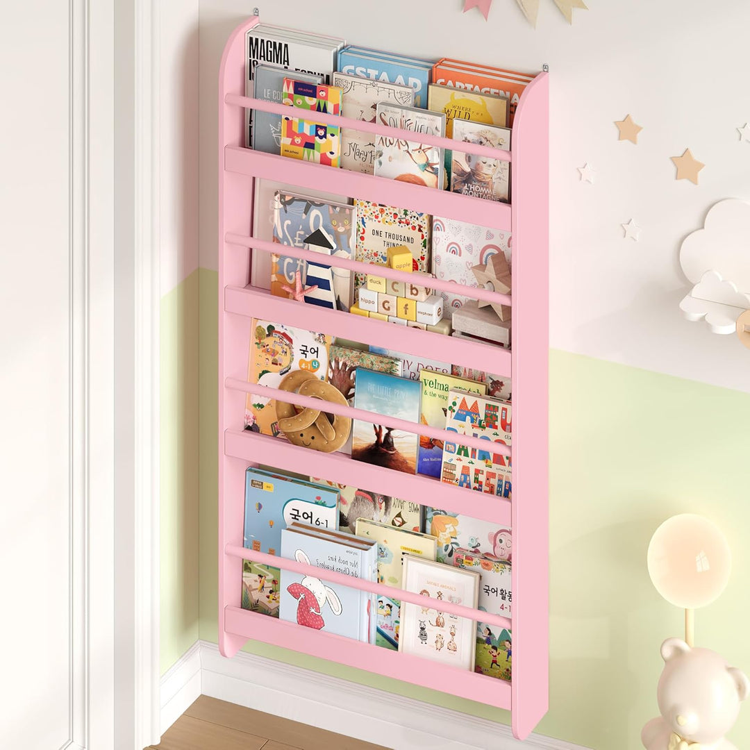FOREHILL Bücherregal Kinder, Wandregal mit 4 Ablagen, Kinderregal für Bücher Spielzeug, Hängeregal D