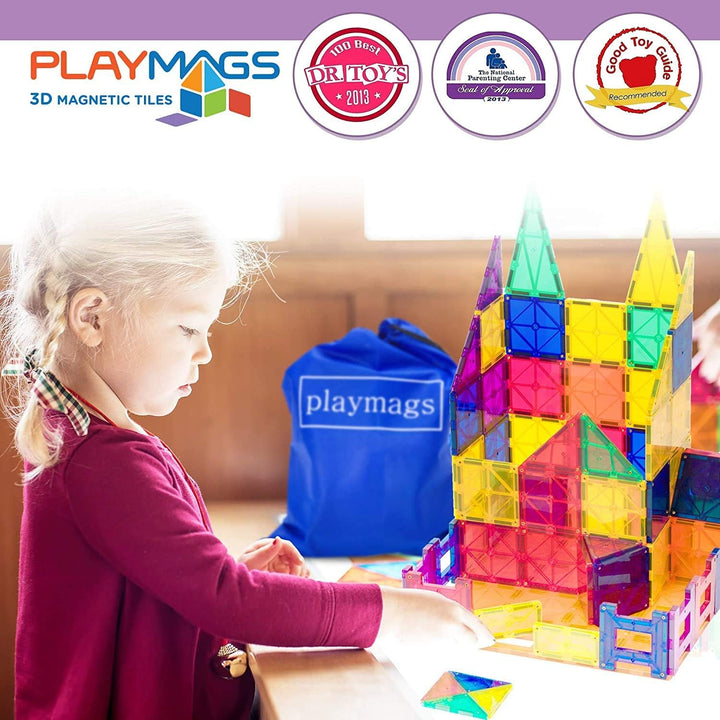 Playmags 48 Stück Set - mit stärkeren Magneten, STEM Spielzeug für Kinder, magnetische Fliesen und B